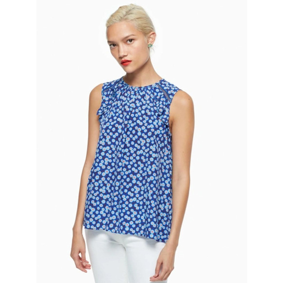 Kate Spade Tangier Silk Tank Blouse Womens Size XS‎ Cobalt Blue Floral Ruffle - Picture 1 of 7
